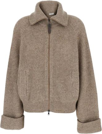 Brunello Cucinelli Monile English Rib-Stitch Cardigan - Dames - Vesten - Beige - XS - Wol - Truien & Vesten