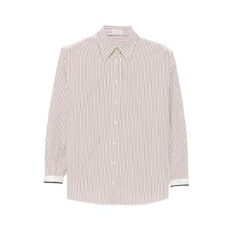 Brunello Cucinelli Camisa de Algod&oacute;n con Raya Vertical - Blouses & Shirts - Mujer - Marr&oacute;n - M