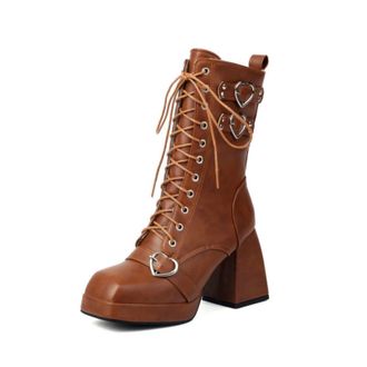 Generic Womens Lace Up Platform Mid-Calf Boots with Heart Buckles Square Toe Chunky Heel Booties,Brown,1.5 UK