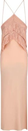Andamane Kleedjes, Dames, Roze, M, Reina Halterneck Midi-jurk met Franjes