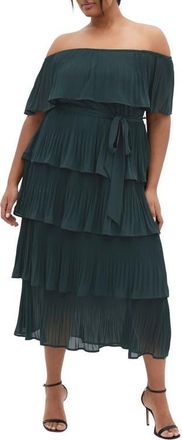 City Chic Night Garden Off the Shoulder Tiered Dress in Green Teal at Nordstrom, Size Xxxs
