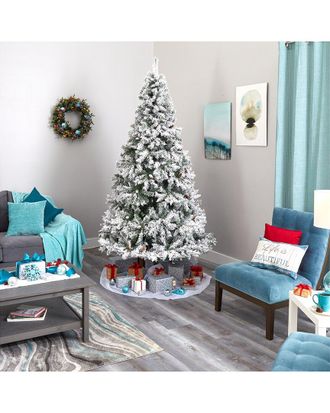 Nearly Natural 8Ft. Flocked White River Mountain Pine Artificial Christmas Tree With Pinecones And 500 Clear Led Lights