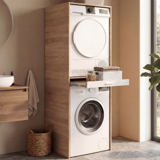 IDMarket Mueble De Lavadero Para Lavadora Y Secadora Wallis Con Bandeja Extra&iacute;ble Para Cesto De La Ropa, En Madera Y Blanco