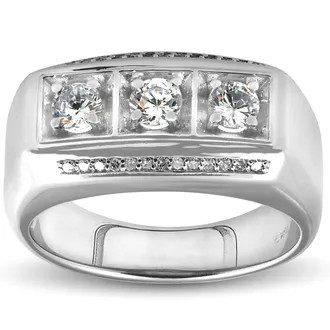 Pompeii3 1ct Diamond Mens Three Stone Wedding Anniversary Ring 10k White Gold