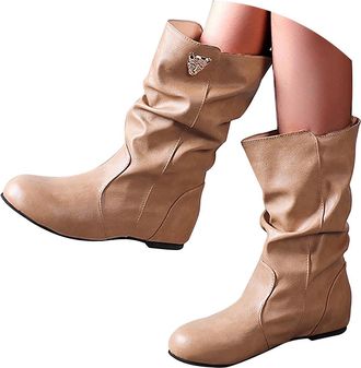 Generic Slouch Boots Women Wide Fit, Womens Slouchy Leather Ankle Boots Ruched Low Heel Casual Comfortable Winter Fall Mid Calf Dress Short Boots Round Toe Sl