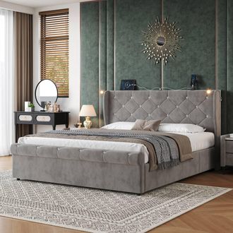 Merax Velvet 4ft6 Double Ottoman Storage Bed with Reading Light in Grey