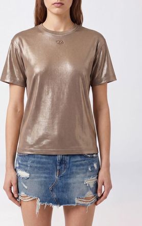 Diesel T-shirt in viscosa tecnica laminata con logo Oval D e spalle scese