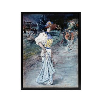 Artery8 Henry Somm Elegant in a Japanese Garden Watercolour Framed Canvas Art in Blue | Size: W24 x H32