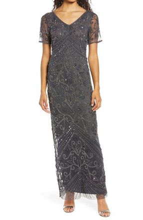 Pisarro Nights Beaded Mesh Gown in Grey at Nordstrom, Size 12