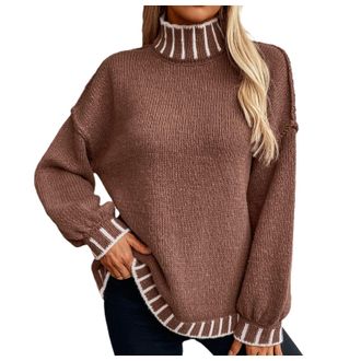 Generic Womens Pullover Casual Ladies Knit Sweatshirt Tops Autumn Knitted Jumper Loose Sweater Baggy Chunky Winter Basic Women Brown