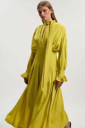 Karen Millen Womens Pleated Neck Tie Detail Woven Maxi Dress - Yellow Cotton - Size 10 UK