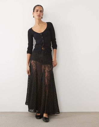 Miss Selfridge gonna maxi godet in misto pizzo nera-Nero
