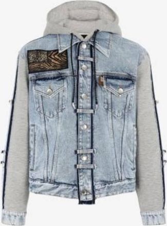Roberto Cavalli Hybrid Denim Jersey Hooded Jacket, Brand Size 46 ( US Size 36 )