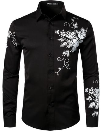PARKLEES Mens Hipster Rose Floral Print Design Slim Fit Long Sleeve Button Up Party Dress Shirt Black White XXL