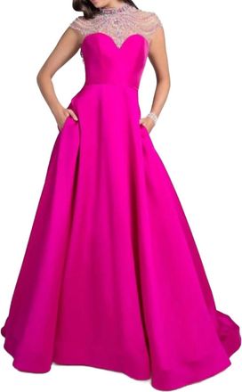 Terani Couture Jeweled Cap Sleeves Prom Dress In Fuchsia