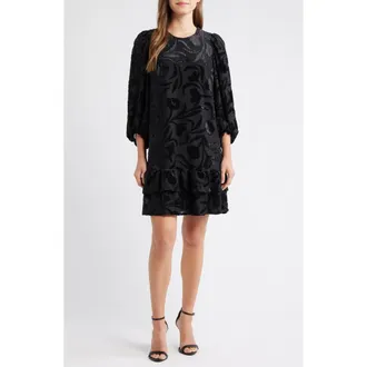 Anne Klein Metallic Floral Tiered Minidress in Anne Black at Nordstrom, Size 10