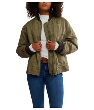 Free People Jax Washed Bomber Jacket Womens Olive Pockets Full Zip GBO3596