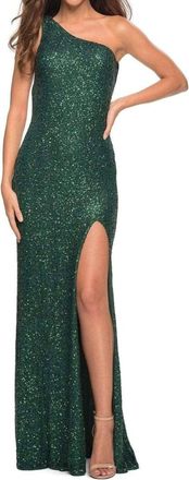 La Femme Asymmetrical Neckline Single Shoulder Sequined Dress In Emerald
