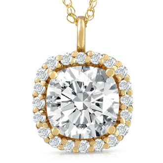 Pompeii3 3 5/8 Ct Cushion Moissanite & Lab Grown Diamond Halo Pendant 14k Gold Necklace