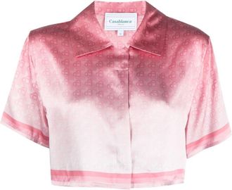 Casablanca logo-pattern cropped silk shirt - women - Silk - 40 - Pink