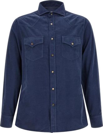 Brunello Cucinelli Corduroy Shirt - Heren - Casual Overhemden - Blauw - M - Katoen - Overhemden