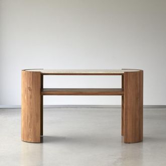 Tikamoon Consola de teca maciza y m&aacute;rmol