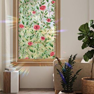 OEM Pel&iacute;cula Decorativa Para Ventanas De 45x200cm, Adhesivos Est&aacute;ticos De Doble Cara Con Dise&ntilde;o De Rosas Verdes Para Ventanas De Vidrio, La Oficina