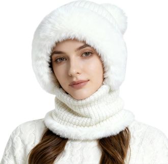 Generic 3 in 1 Beanie Hat for Women All in One Hat and Scarf Winter Warm Knitted Cap with Neck Warmer Balaclava Hats Scarf Mask for Outdoor Skiing Hiking Wint