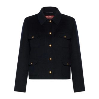 Max Mara Jassen, Dames, Blauw, L, Wol, Wolmix Cropped Jasje met Gouden Knopen