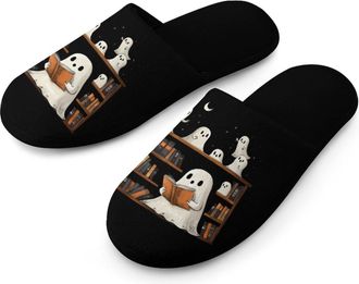 Generic Cute Ghost Bookshelf Moon Warm Mens Slippers Slip On Soft Fleece House Shoes Winter Indoor Outdoor
