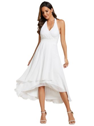 Ever-pretty Wedding Guest Dress Lace-up Halterneck Backless High Low in Chiffon White 18UK
