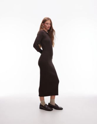 & Other Stories Vestito midi in maglia marrone con colletto a polo