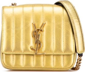 Saint Laurent Womens Pre-owned Small Metallic Grain De Poudre Monogram Vicky Chain Bag - Beige Leather - One Size