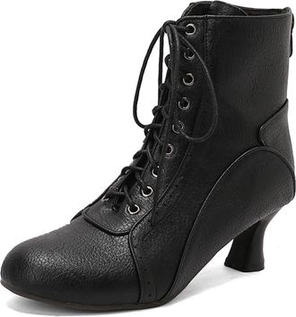 Generic Womens Victorian Style Ankle Boots Chunky Low Mid Heel Round Toe Lace-Up Front Faux Leather Short Booties for Cocktail Party Bridal Reception,Black,4.