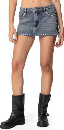 Edikted Casey Lace-Up Denim Miniskirt in Blue-Washed at Nordstrom, Size X-Small