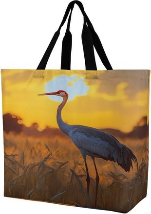 Generic Crane Bird Wheat Field Sunset Tote Bag Reusable Grocery Shopping Bags Large Travel One Shoulder Handbag for Picnic Work