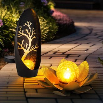 Globo Lighting Luce Solare Fiore Di Loto Luci Decorative Da Giardino Per Esterni Luce Solare Per Esterni Fiore Solare, Effetto Luce Vetro Craquel&eacute;, 1x Fiore Di Loto 