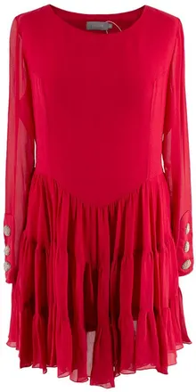 Saloni Red Silk Ruffled Long Sleeved Dress Size S