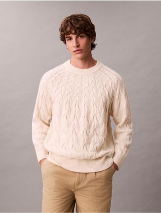 Calvin Klein Mens Lambswool Blend Cable Knit Sweater - White - XL