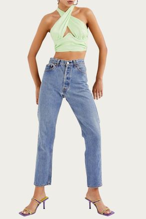 For Love & Lemons Rana Cropped Cross Front Open-Back Top In Green