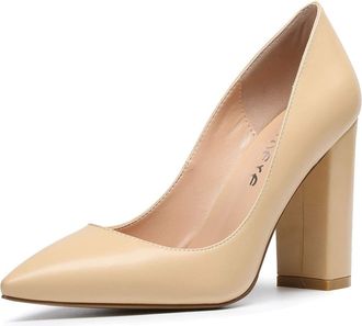 Castamere Womens Block Heels Pointed Toe Slip-On Court Shoes 4IN Heeled PU Nude Pumps UK 5