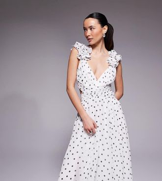 Forever New Vestito lungo bianco a pois con volant sulle spalle