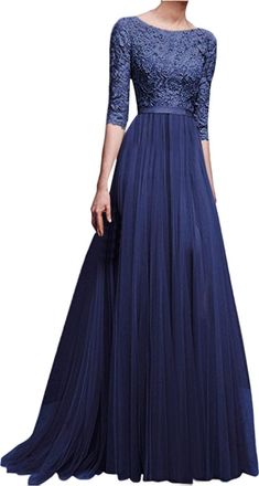 Generic Womens Vintage Floral Lace 4572 Sleeve Wedding Guest Bridesmaid Maxi Dress Solid Color Chiffon Princess Court Long Dress Formal Wedding Prom A-Line Pa