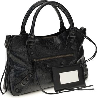 Balenciaga Womens City First Shoulder Bag Black Lamb Ovis Aries Aries; Cotton