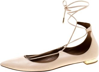 Aquazzura Beige Leather Christie Ankle Wrap Pointed Toe Flats