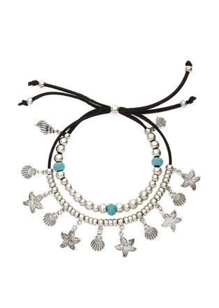 Lascana Fusskette mit Anh&auml;nger LASCANA in Layer Look, Damen, Gr. Metallmix, bunt (schwarz, silberfarben, t&uuml;rkis), gl&auml;nzend, Fussketten Fusskette mit Anh&auml;nger,