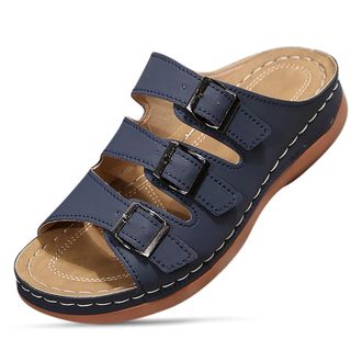 Generic Women Summer Slip On Casual Open Toe Comfortable Beach Walking Flat Sandals Slippers Lightweight Flexible Sole Design (Blue, 5.5)