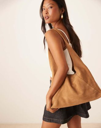Mango Borsa da spalla extra larga in camoscio color caramello-Marrone