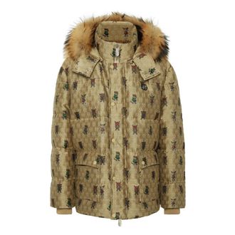 Philipp Plein Jassen, Heren, Beige, XL, Katoen, Jacquard Puffer Jacket Monogram Fairy met Kraag van Bont