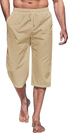 Generic Mens Linen Shorts 3/4 Length Trousers Summer Trousers Bermuda Summer Three-Quarter Cargo Trousers Loose Summer Linen Trousers Short Jogging Bottoms Wi